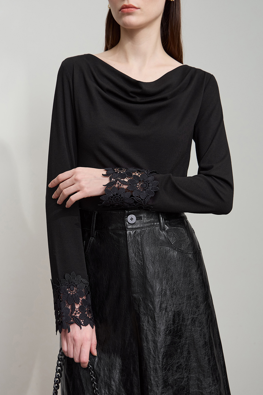 Draped Neck Lace Cuff T-Shirt