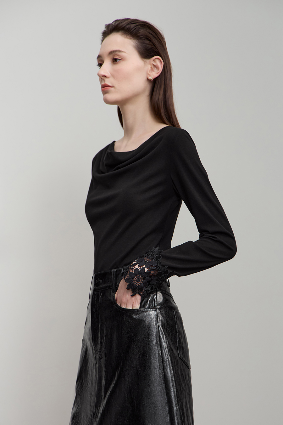 Draped Neck Lace Cuff T-Shirt