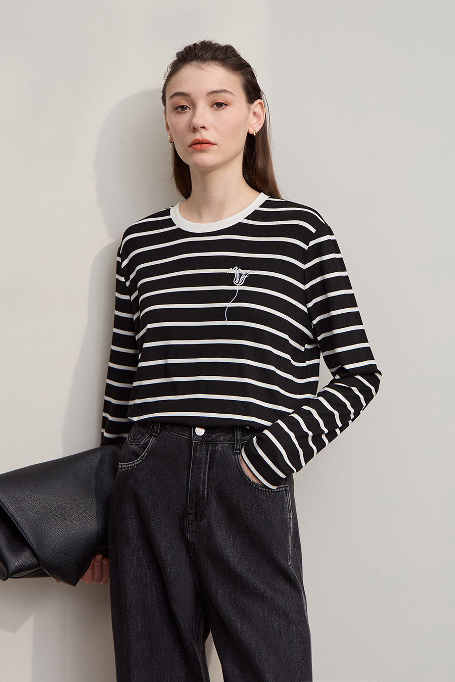 Embroidered Striped Long Sleeve T-shirt