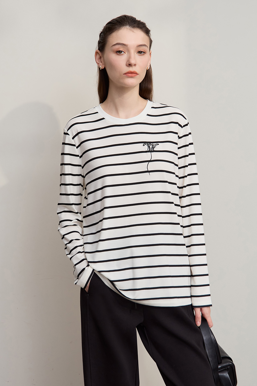 Embroidered Striped Long Sleeve T-shirt