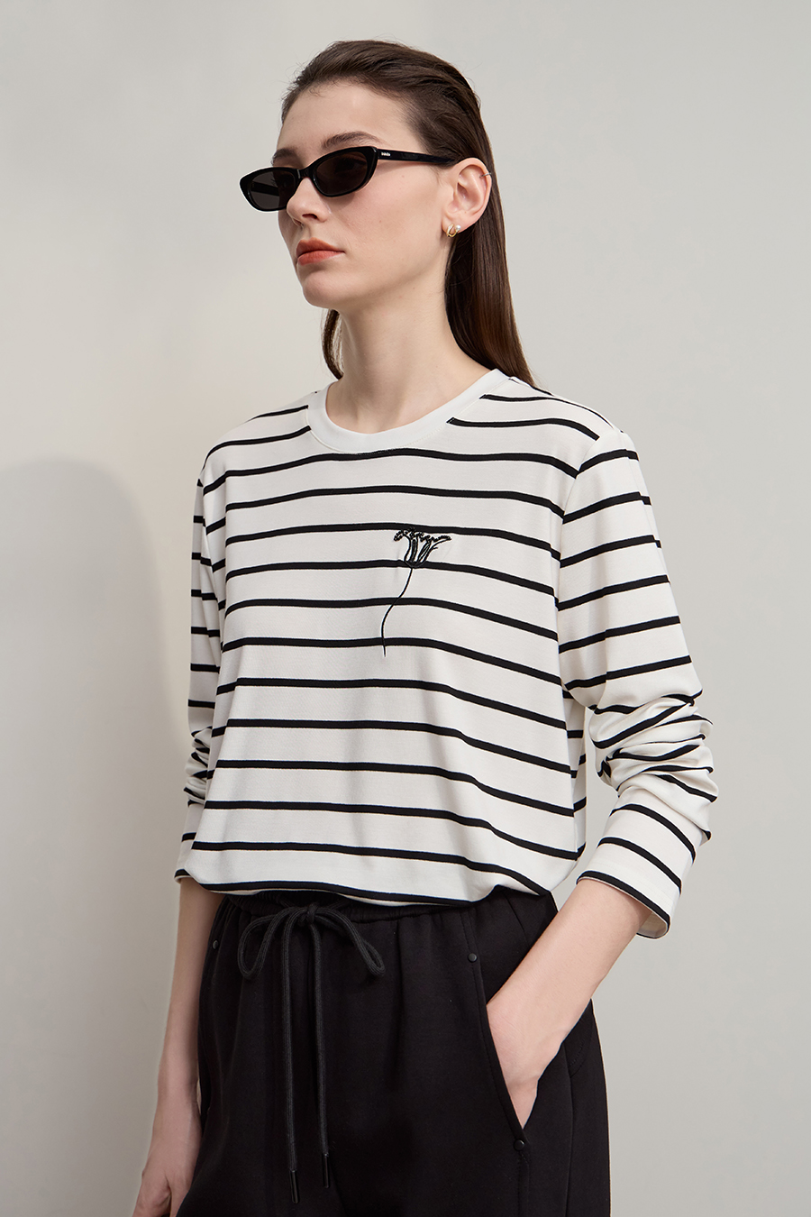 Embroidered Striped Long Sleeve T-shirt
