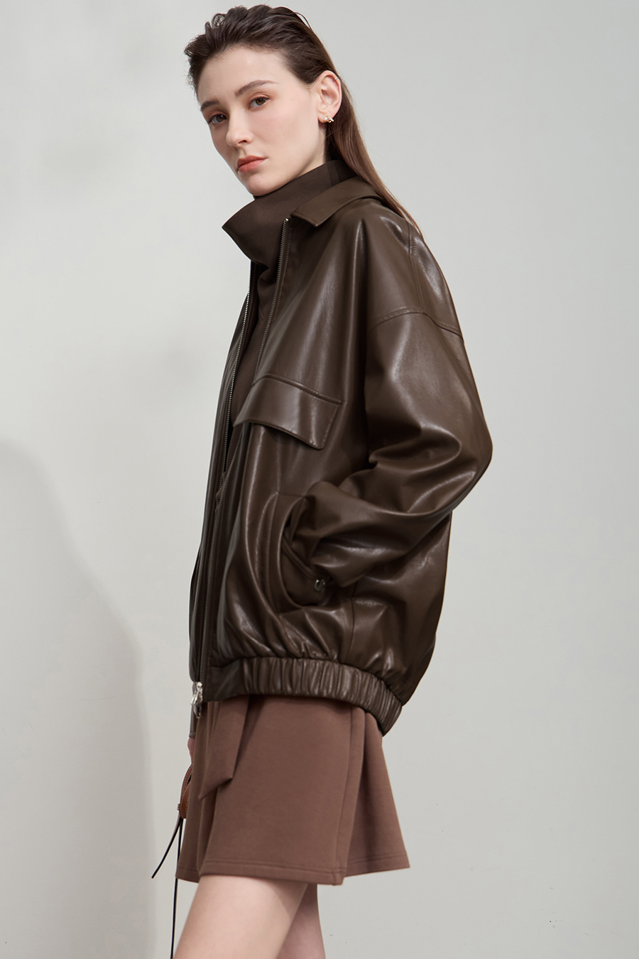 Lapel Zipper Drop Shoulder Leather Jacket|AMII-AMII.com