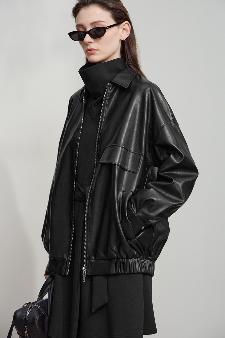 Lapel Zipper Drop Shoulder Leather Jacket|AMII-AMII.com