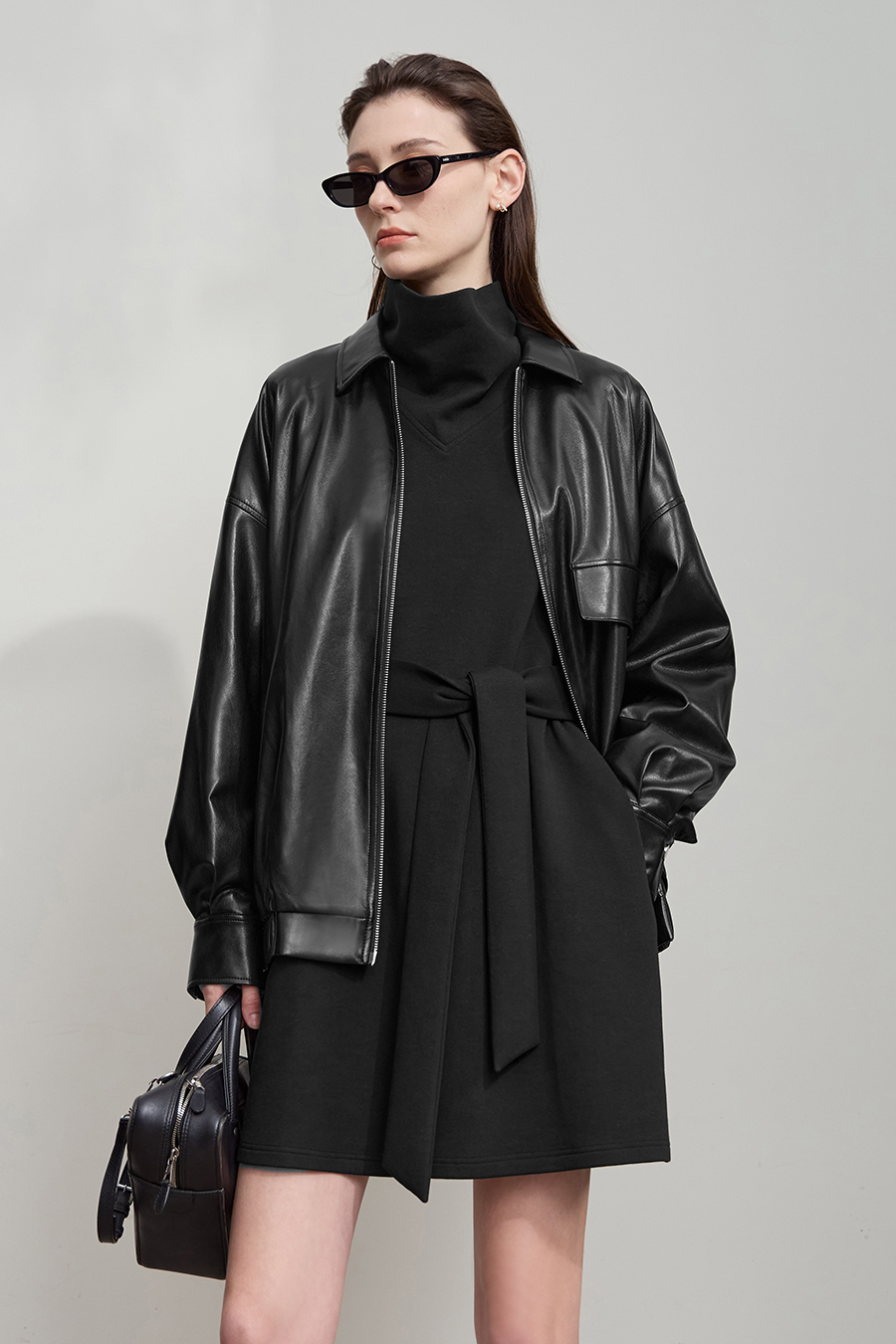 Lapel Zipper Drop Shoulder Leather Jacket|AMII-AMII.com