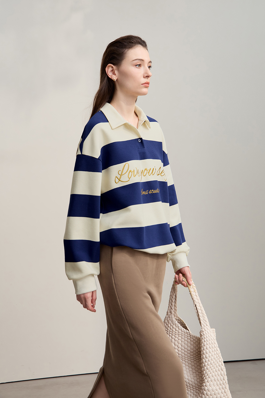 Letter Embroidered Striped Sweatshirt