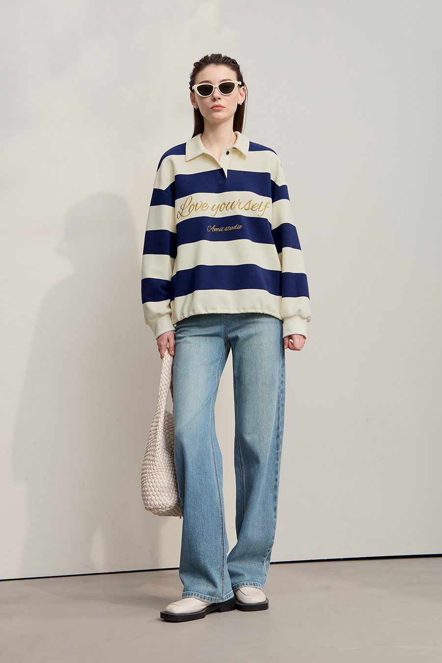 Letter Embroidered Striped Sweatshirt