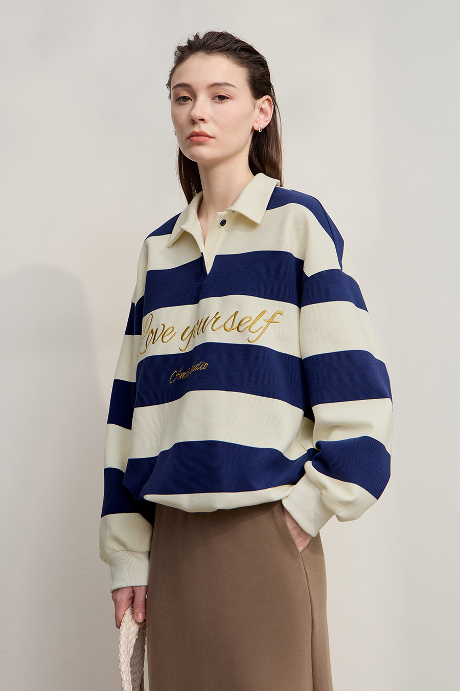 Letter Embroidered Striped Sweatshirt