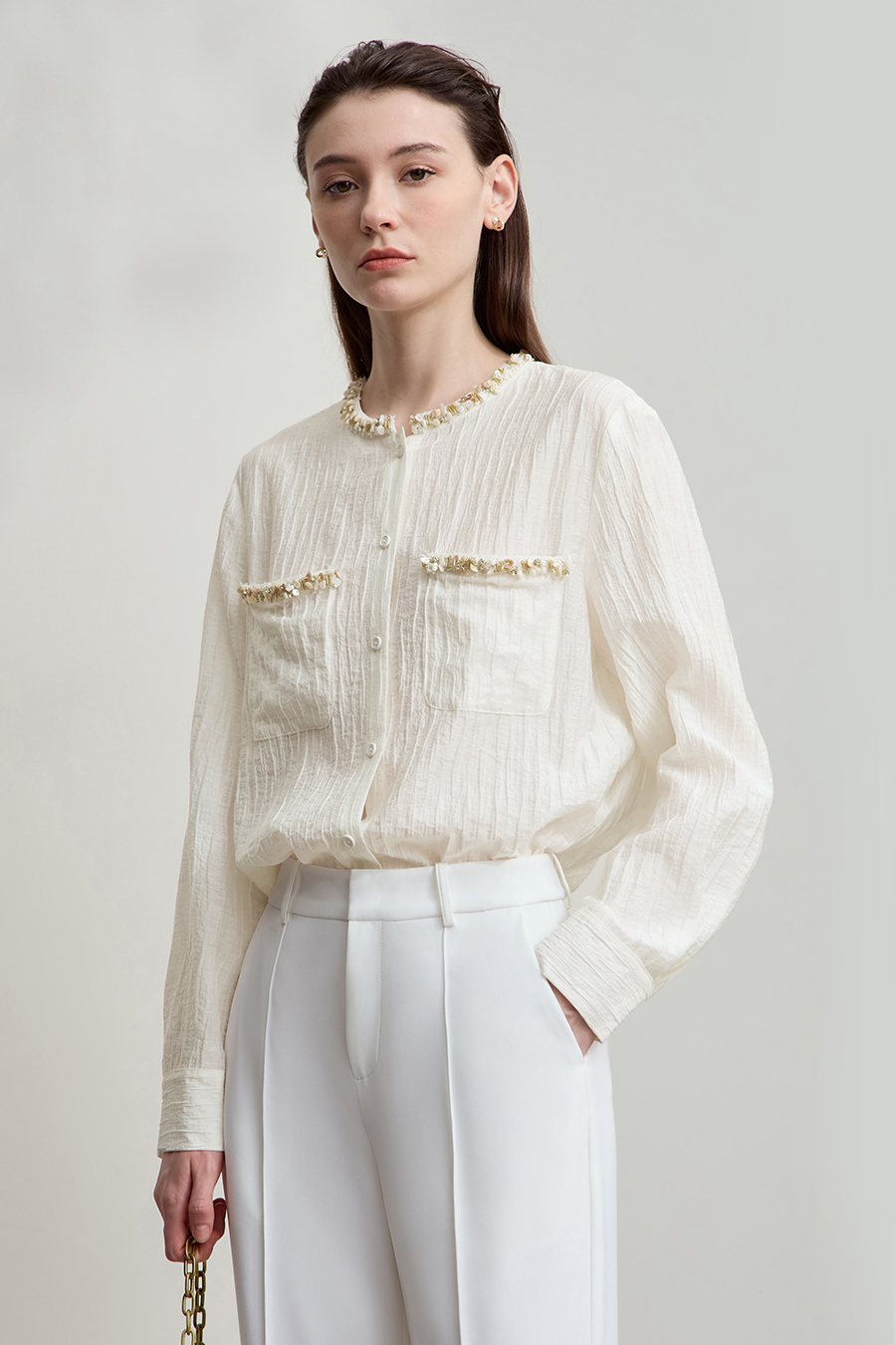 Tweed-Style Ribbon Acetate Shirt