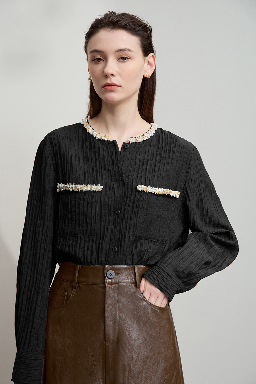 Tweed-Style Ribbon Acetate Shirt