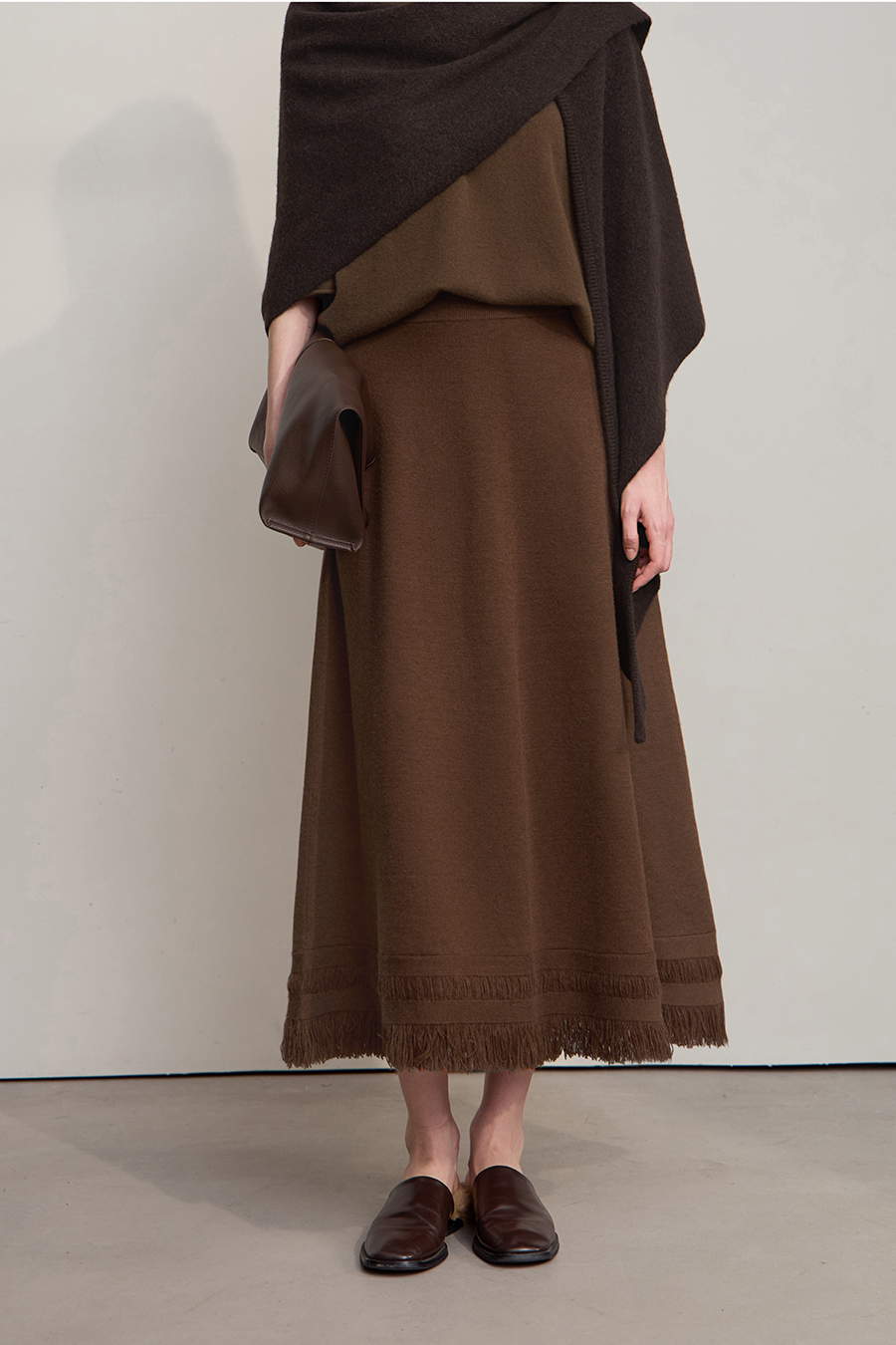 Fringed A - line Knitted Skirt|AMII