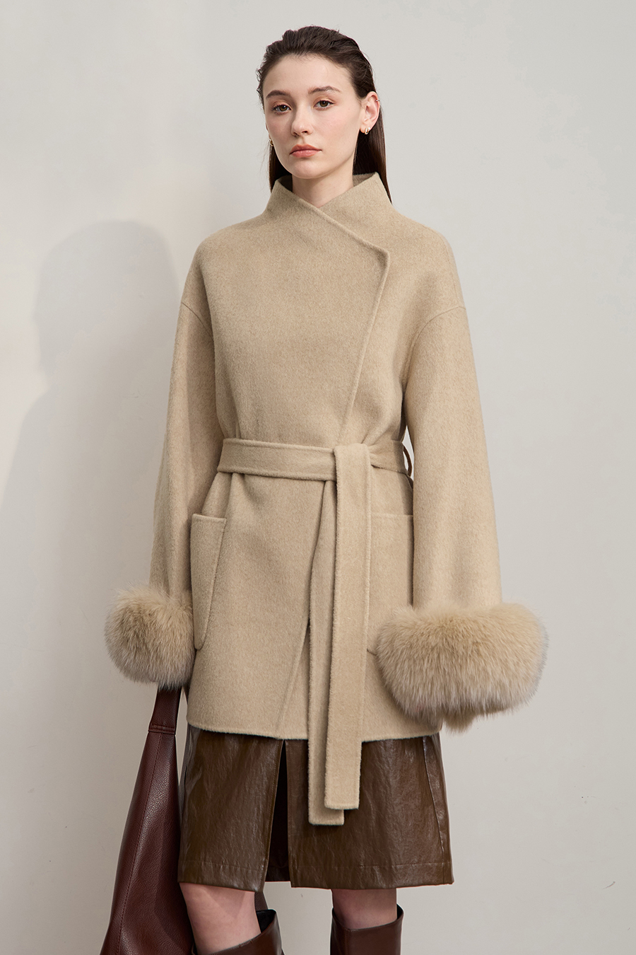 Detachable Fox Fur Trim Double-faced Wool Coat