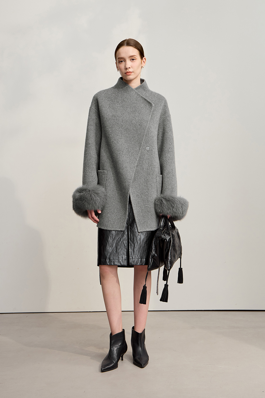 Detachable Fox Fur Trim Double-faced Wool Coat