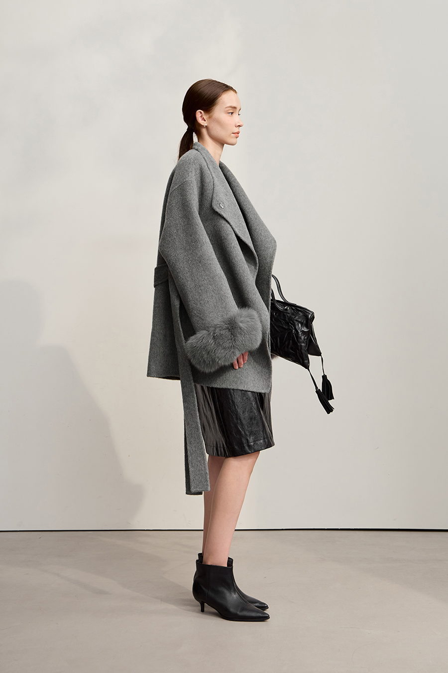 Detachable Fox Fur Trim Double-faced Wool Coat