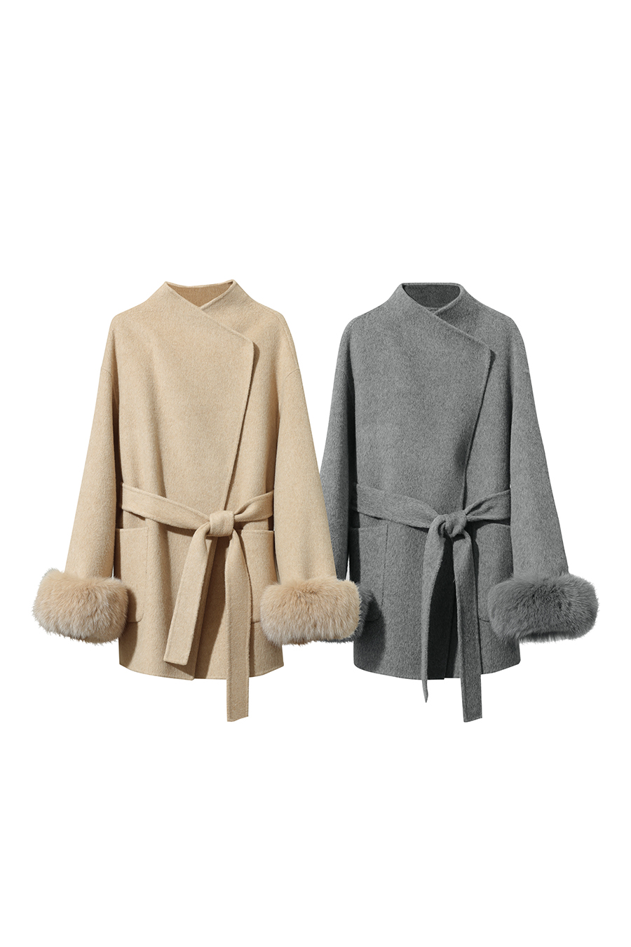 Detachable Fox Fur Trim Double-faced Wool Coat