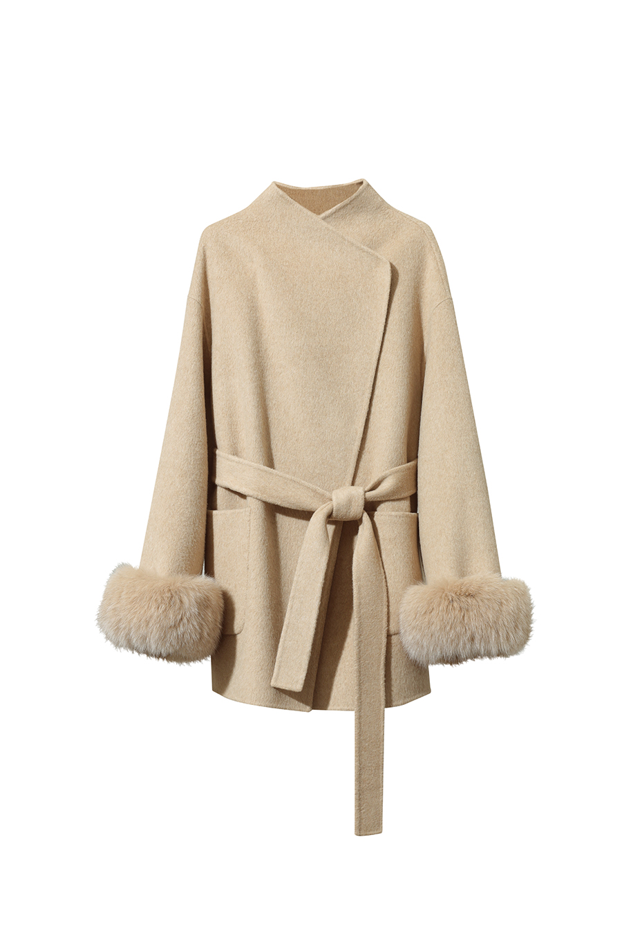 Detachable Fox Fur Trim Double-faced Wool Coat