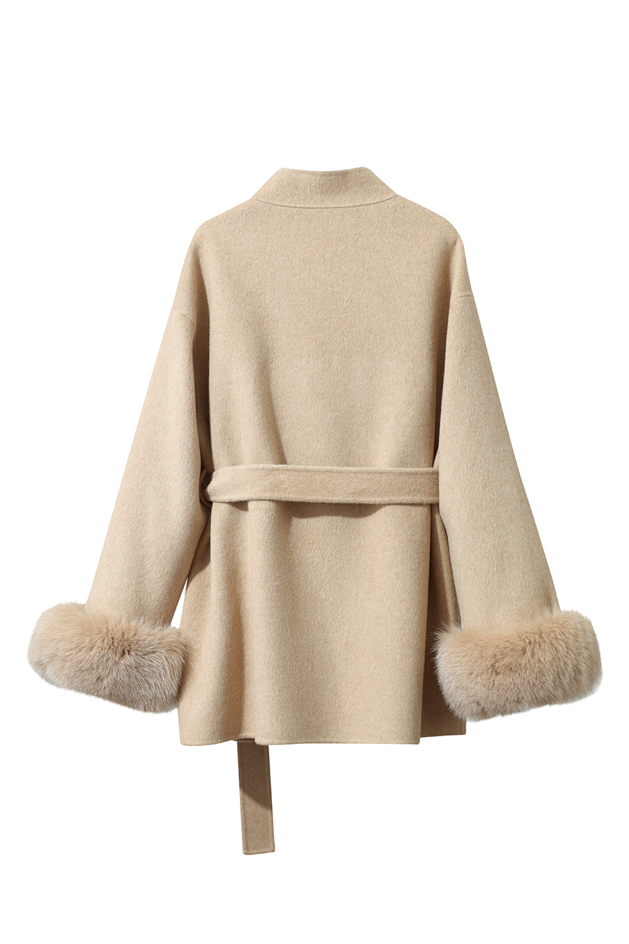 Detachable Fox Fur Trim Double-faced Wool Coat