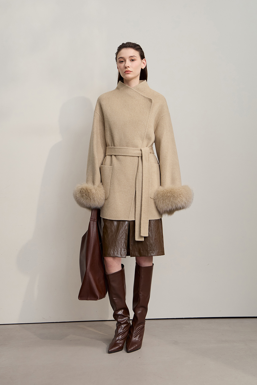 Detachable Fox Fur Trim Double-faced Wool Coat