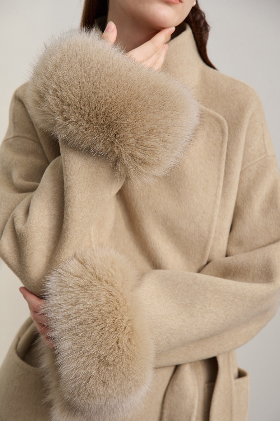 Detachable Fox Fur Trim Double-faced Wool Coat