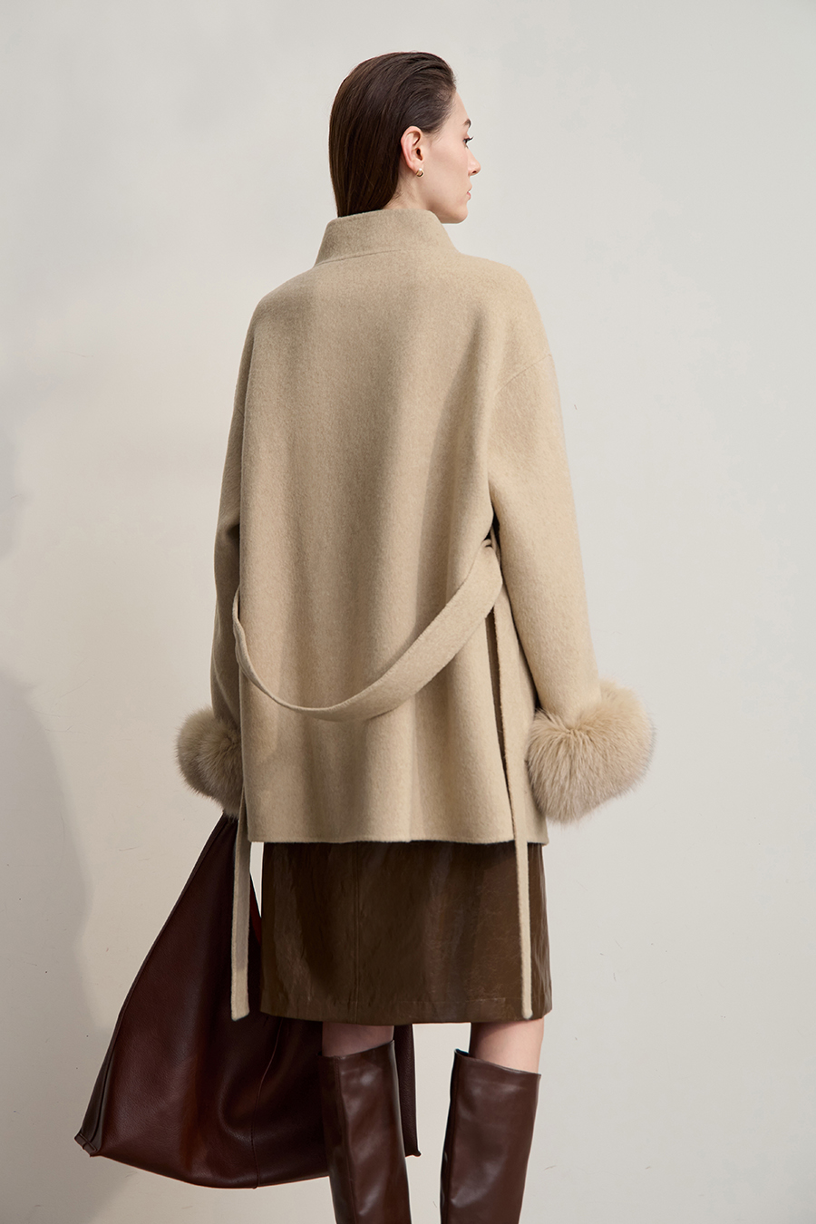 Detachable Fox Fur Trim Double-faced Wool Coat