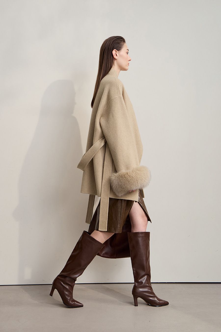 Detachable Fox Fur Trim Double-faced Wool Coat