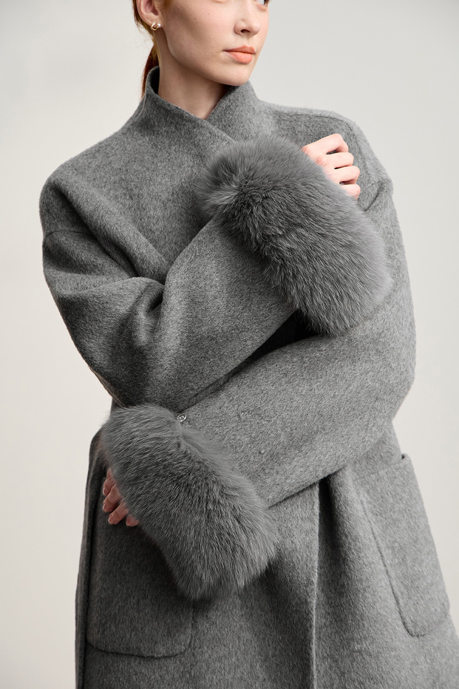 Detachable Fox Fur Trim Double-faced Wool Coat