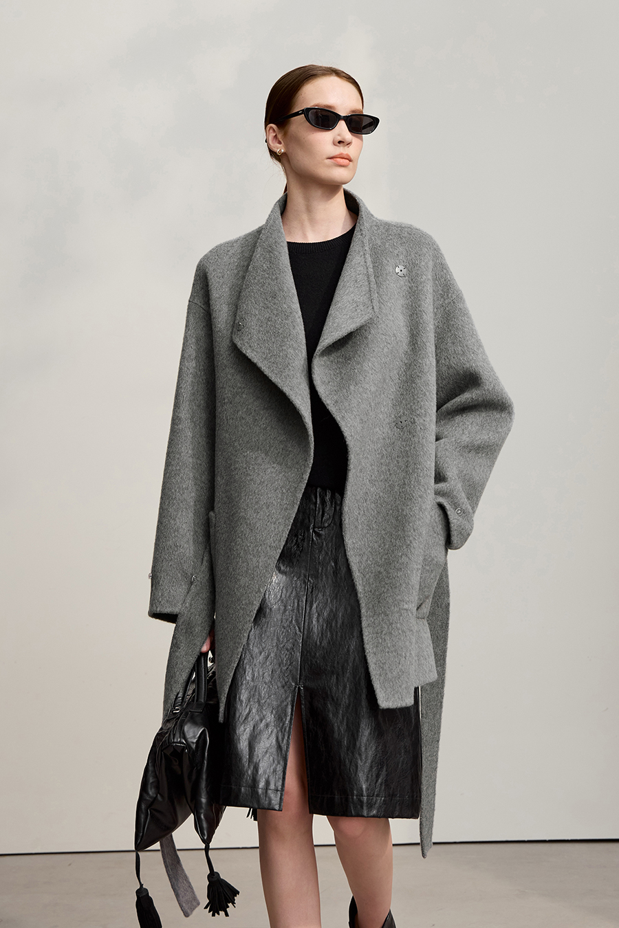 Detachable Fox Fur Trim Double-faced Wool Coat