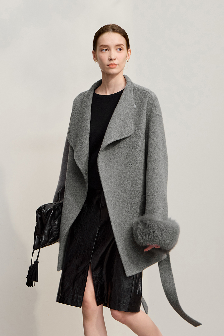 Detachable Fox Fur Trim Double-faced Wool Coat