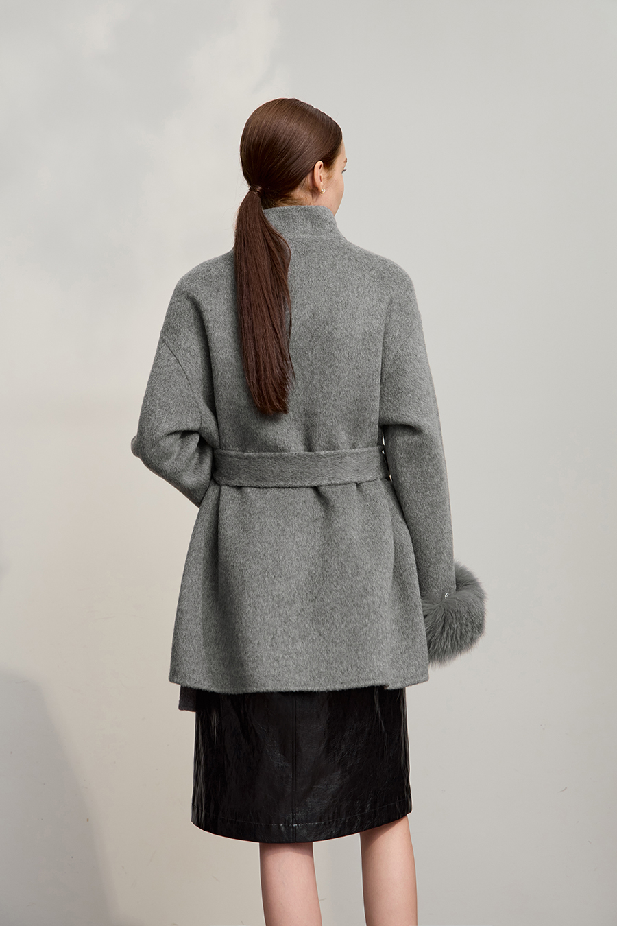 Detachable Fox Fur Trim Double-faced Wool Coat