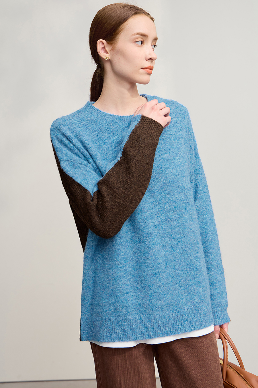 Crew Neck Drop Shoulder Color - block Sweater|AMII-AMII.com