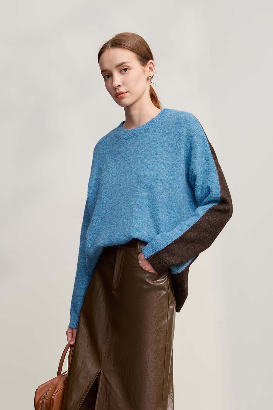 Crew Neck Drop Shoulder Color - block Sweater|AMII-AMII.com