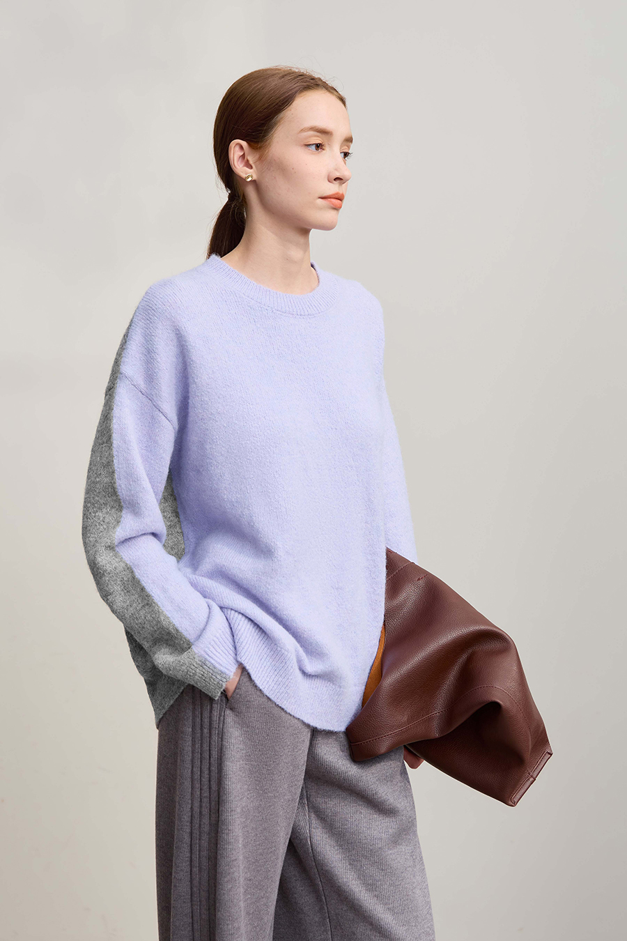 Crew Neck Drop Shoulder Color - block Sweater|AMII-AMII.com