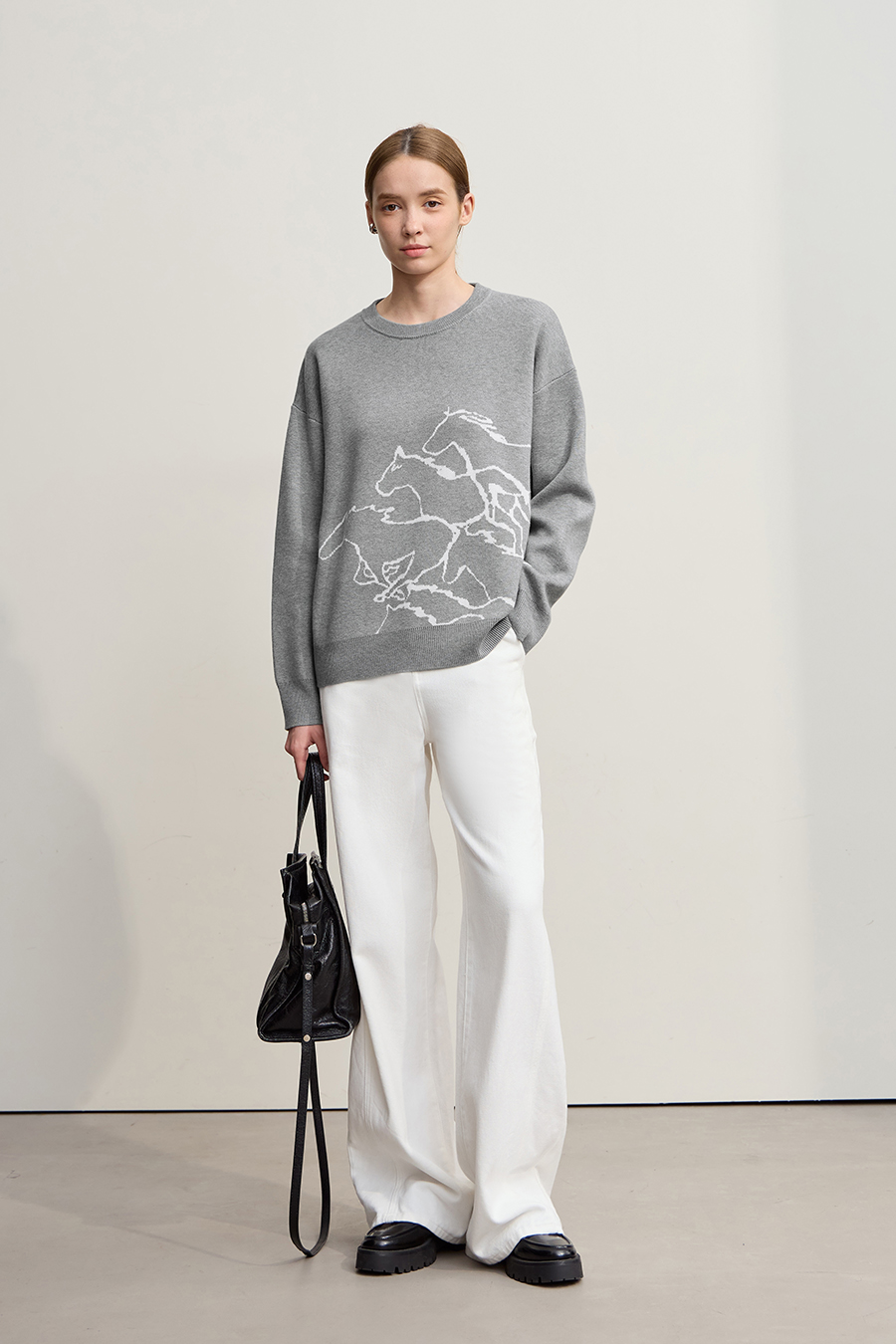 Horse Jacquard Crew Neck Sweater|AMII-AMII.com