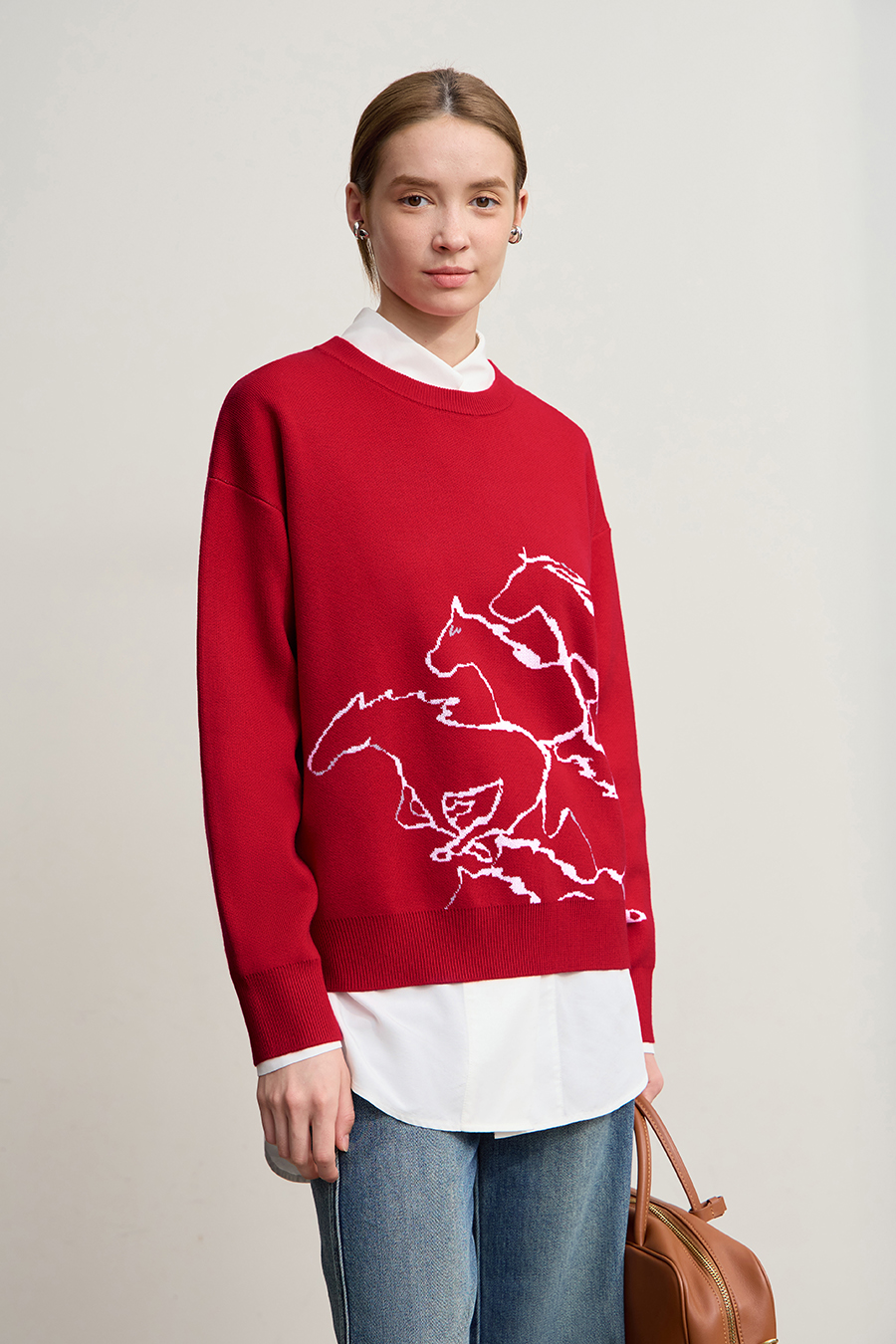 Horse Jacquard Crew Neck Sweater|AMII-AMII.com
