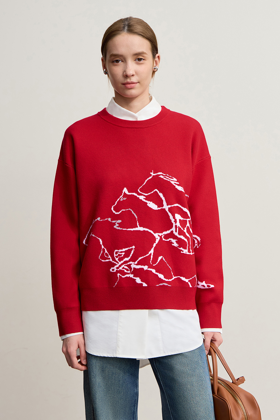 Horse Jacquard Crew Neck Sweater|AMII-AMII.com