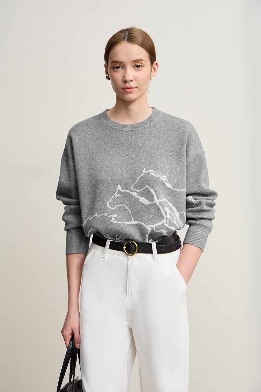 Horse Jacquard Crew Neck Sweater|AMII-AMII.com