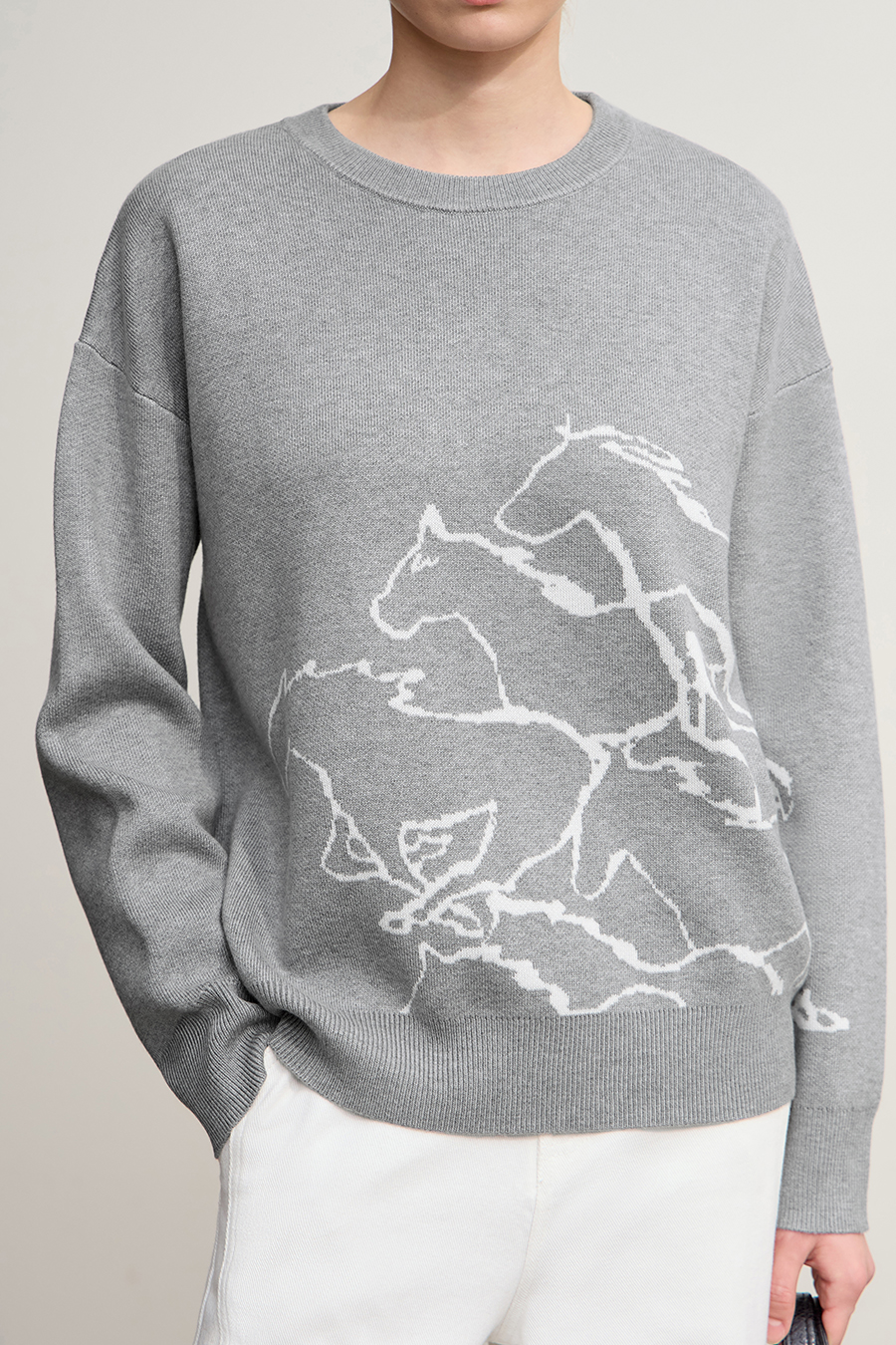 Horse Jacquard Crew Neck Sweater|AMII-AMII.com