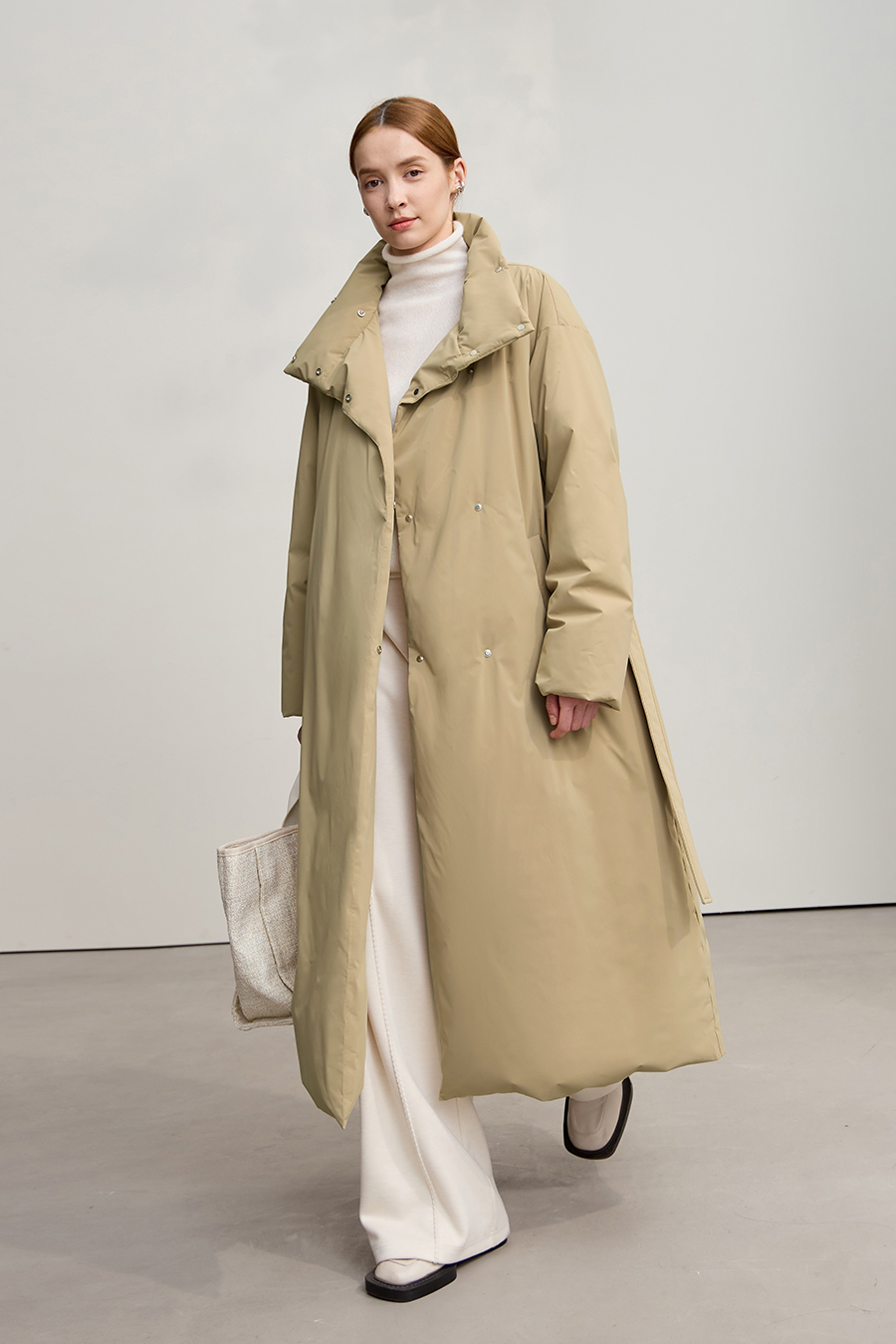 Belted High Neck Long Down Jacket|AMII-AMII.com