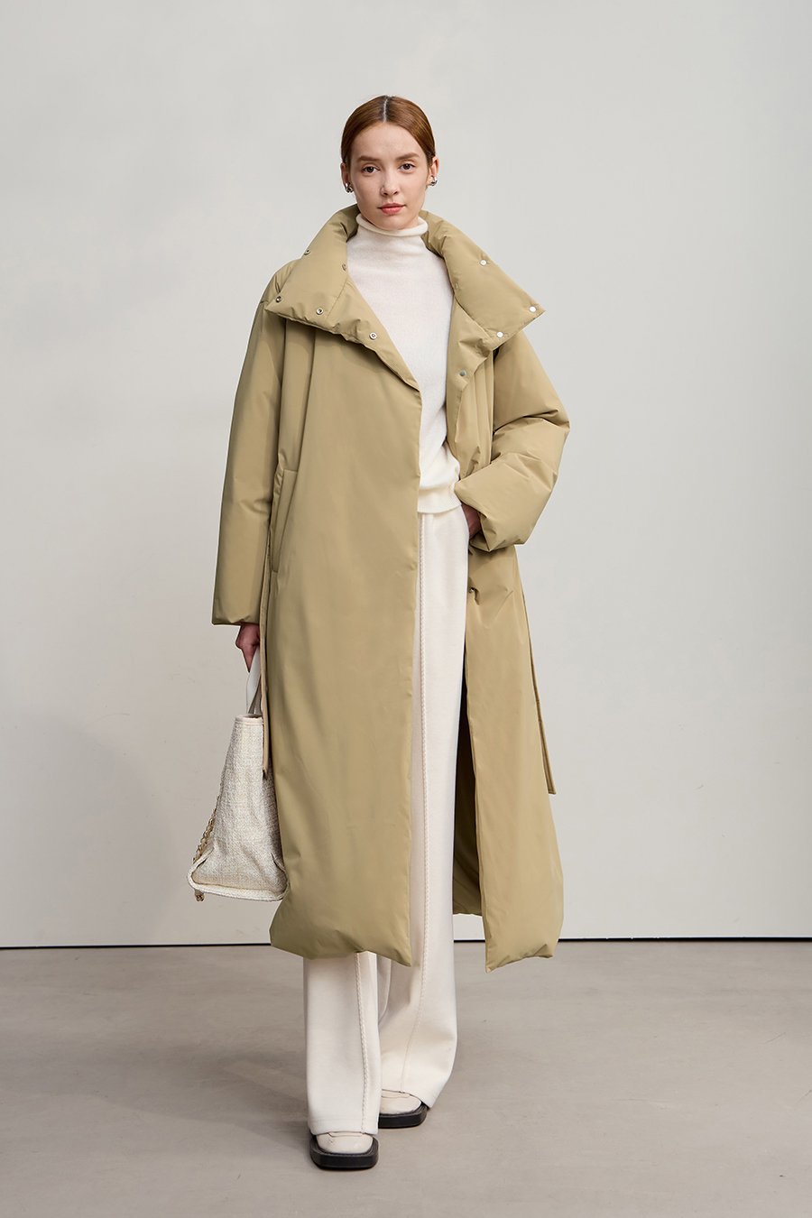 Belted High Neck Long Down Jacket|AMII-AMII.com