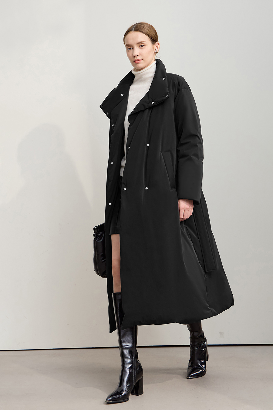 Belted High Neck Long Down Jacket|AMII-AMII.com