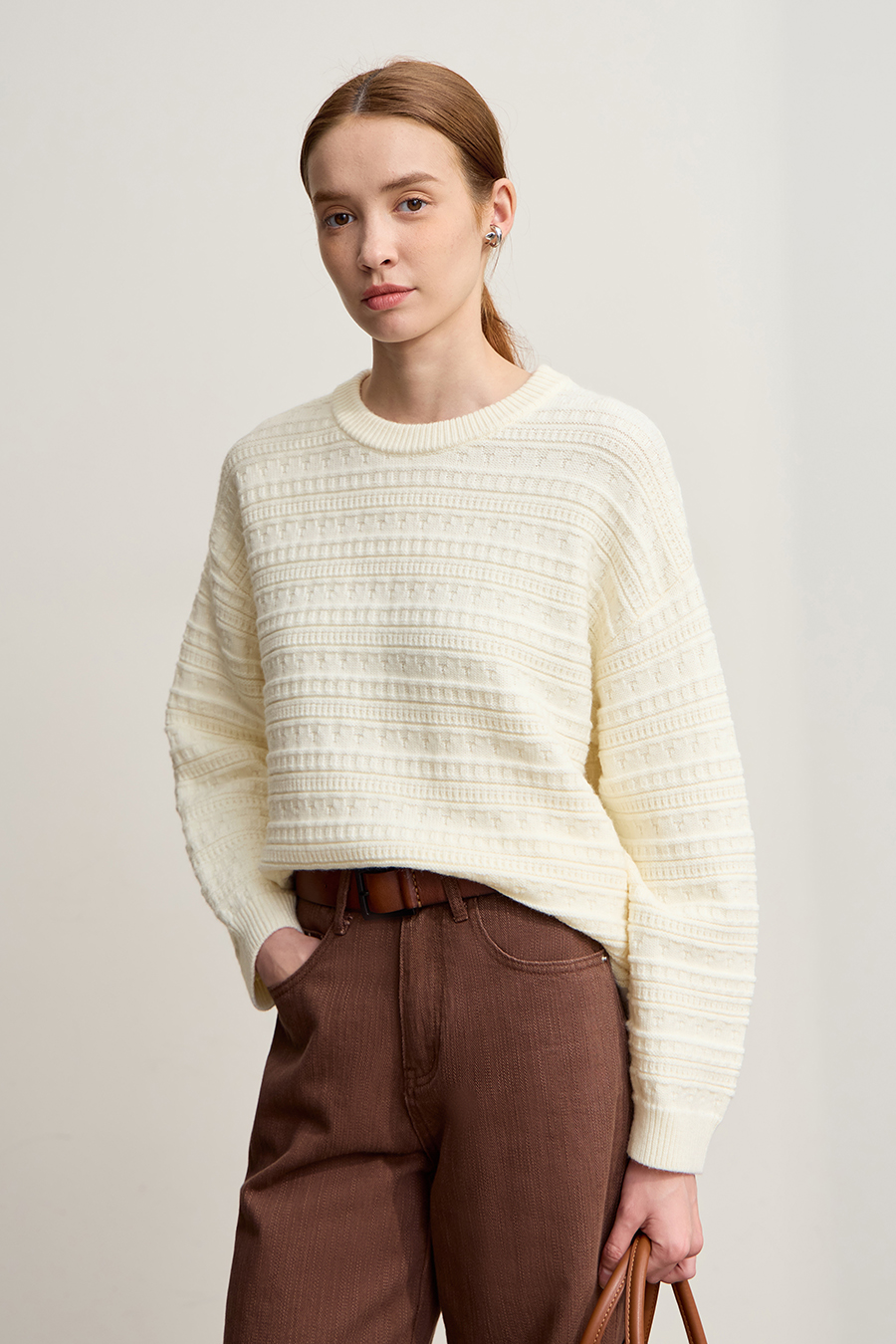 Crew Neck Textured Knit Sweater