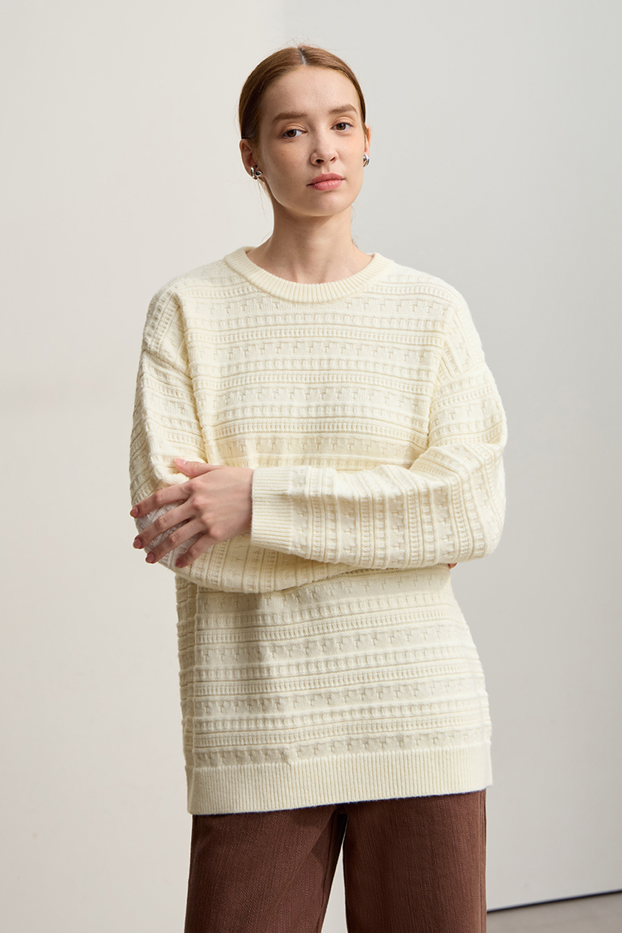 Crew Neck Textured Knit Sweater