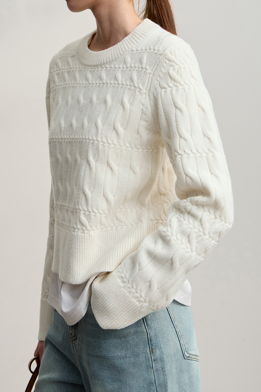 Crew Neck Short Cable Knit Sweater