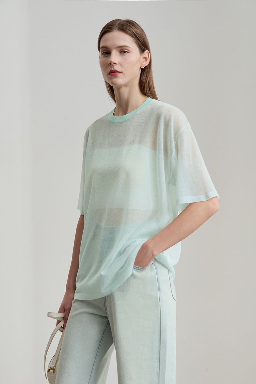 Crew neck Lyocell blend knit sweater|AMII
