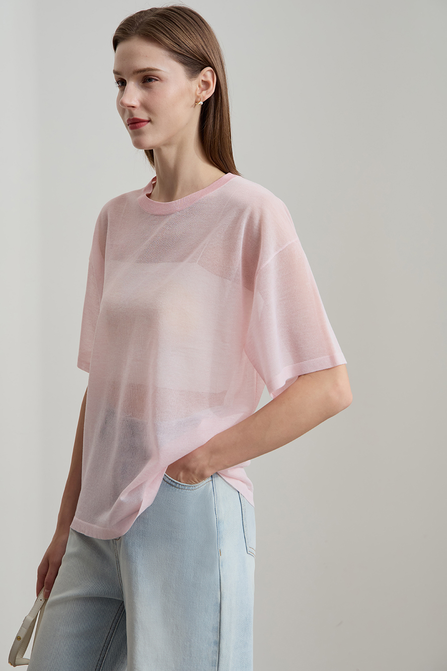 Crew neck Lyocell blend knit sweater|AMII