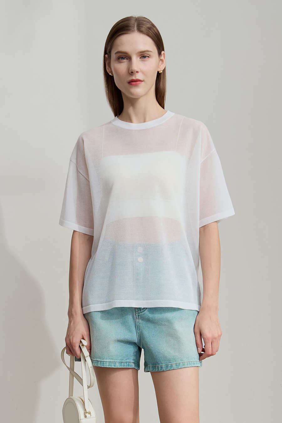 Crew neck Lyocell blend knit sweater|AMII