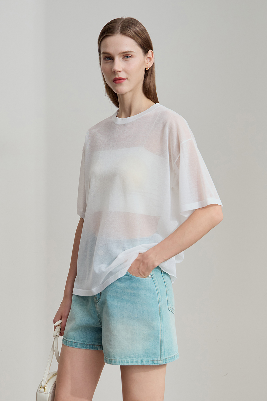 Crew neck Lyocell blend knit sweater|AMII