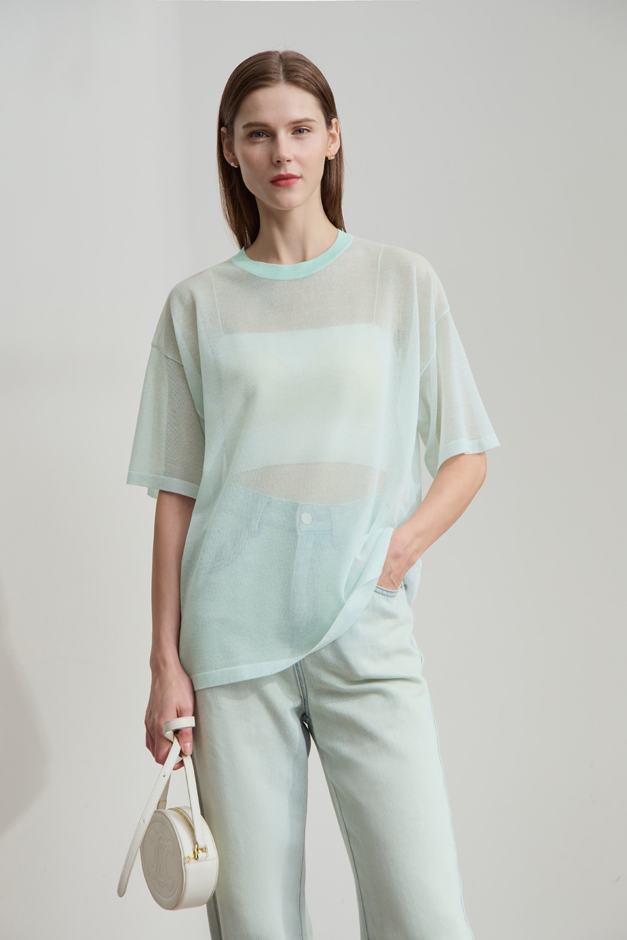 Crew neck Lyocell blend knit sweater|AMII
