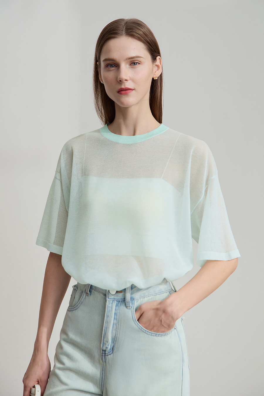 Crew neck Lyocell blend knit sweater|AMII