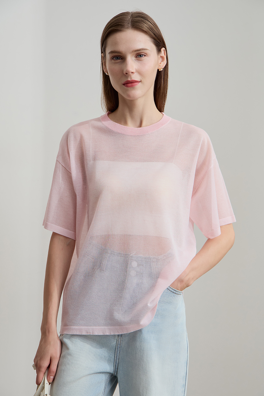 Crew neck Lyocell blend knit sweater|AMII