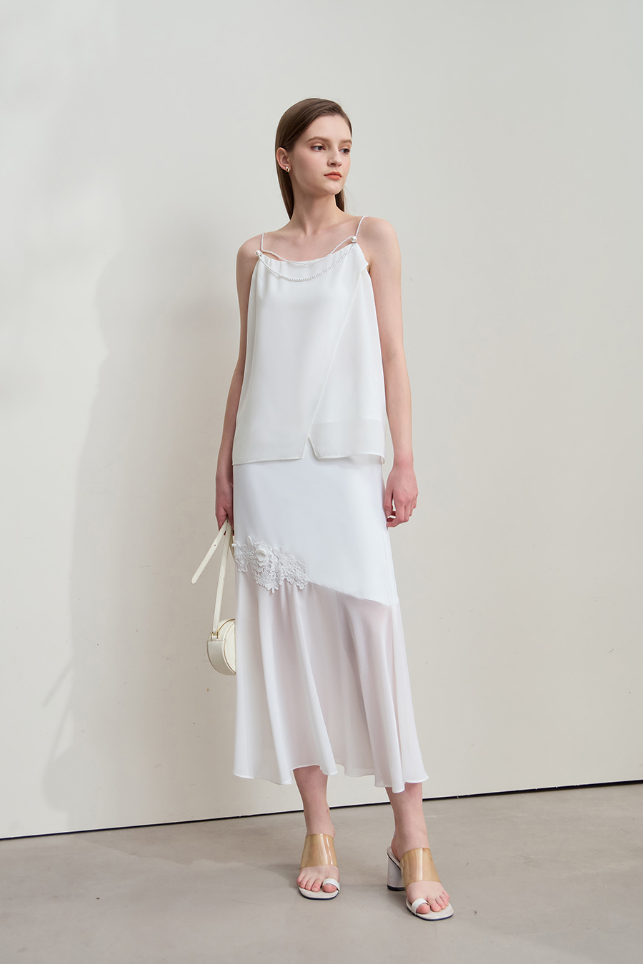 Pearl chiffon beaded-strap camisole|AMII
